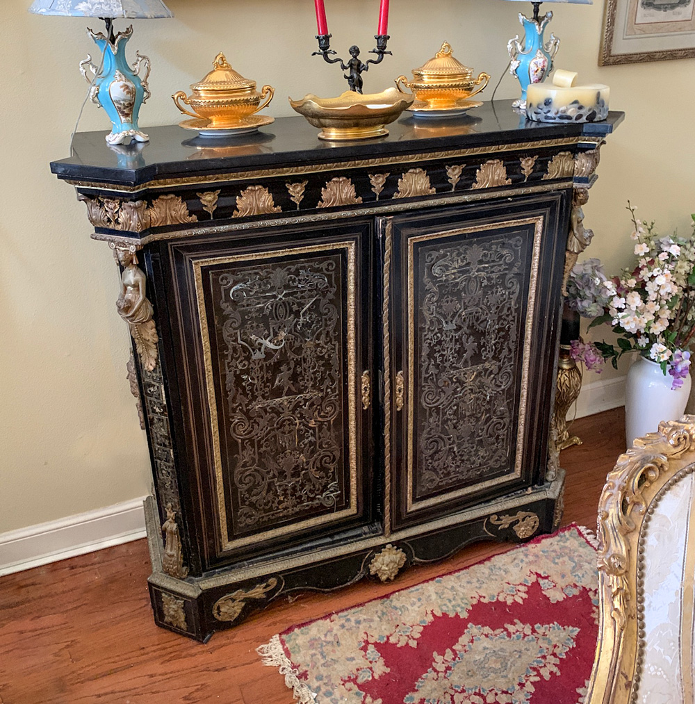 Appraisal: BOULLE INLAID SIDE CABINET Boulle inlaid side cabinet having gilt