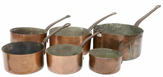 Appraisal: lot of French copper graduated saucepans with iron handles one