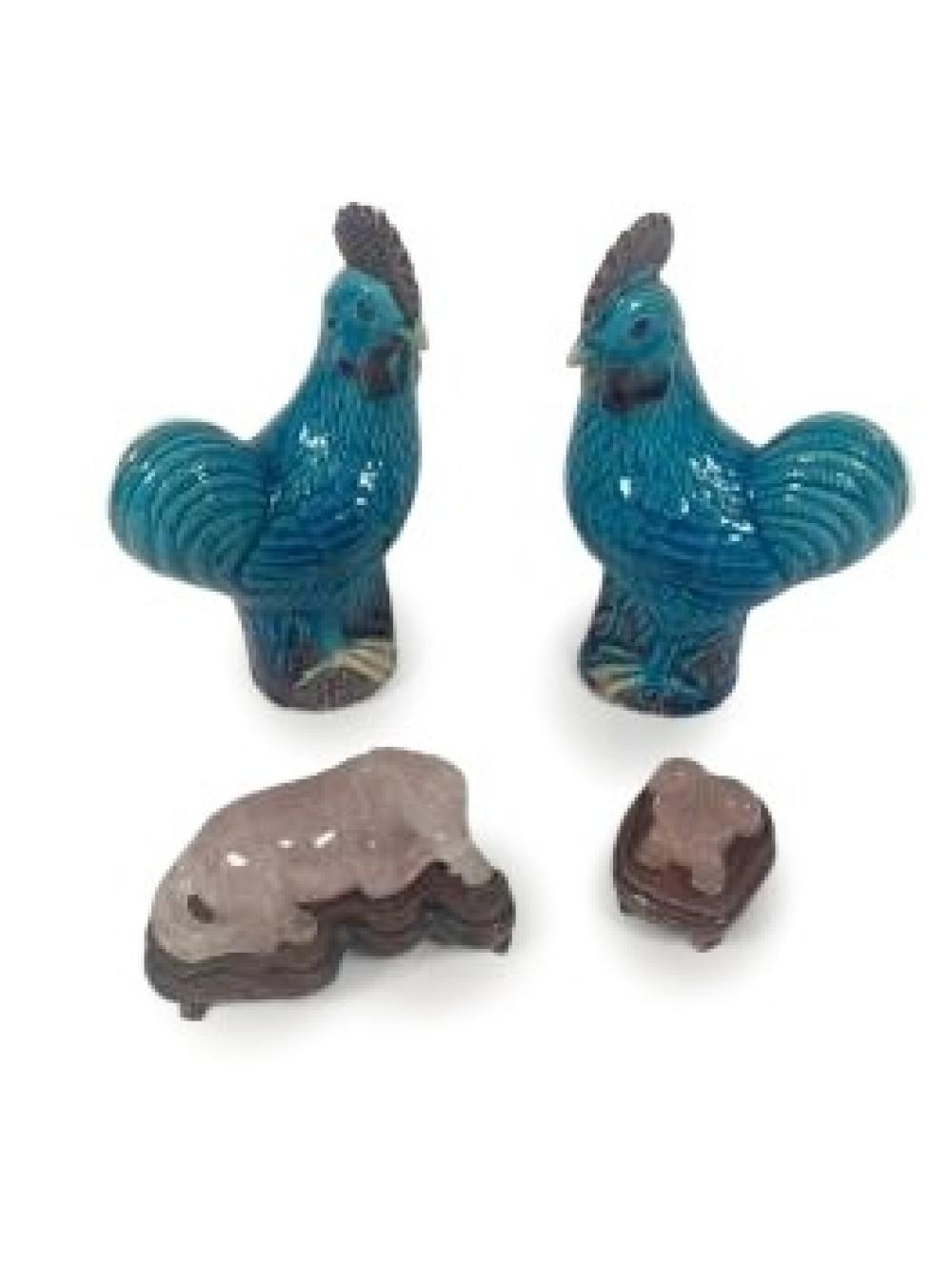 Appraisal: PAIR CHINESE PEKING BLUE GLAZE PORCELAIN ROOSTER FIGURES AND TWO