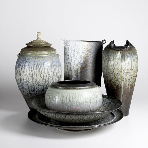 Appraisal: RICHARD AERNI Six pieces of ash glazed stoneware include covered