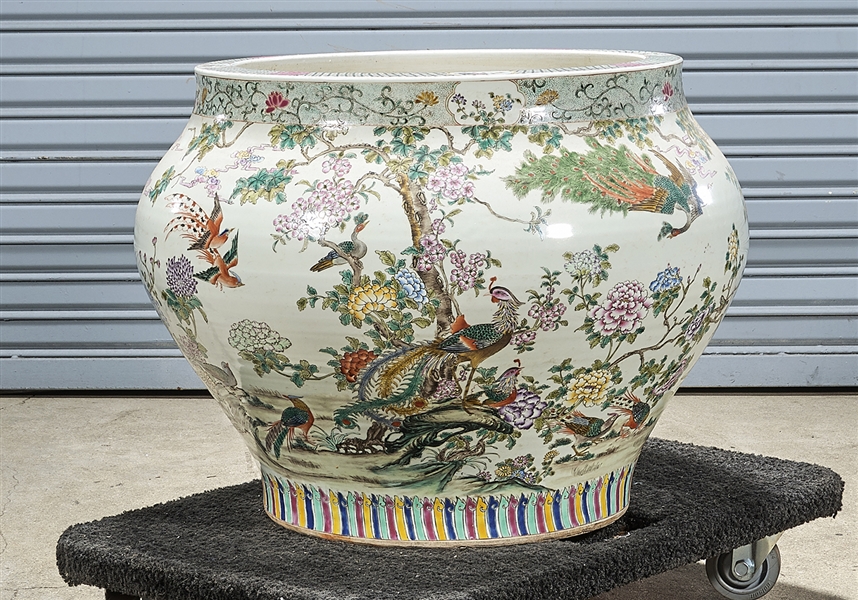 Appraisal: Chinese enameled porcelain fish bowl depicting trees birds and flowers