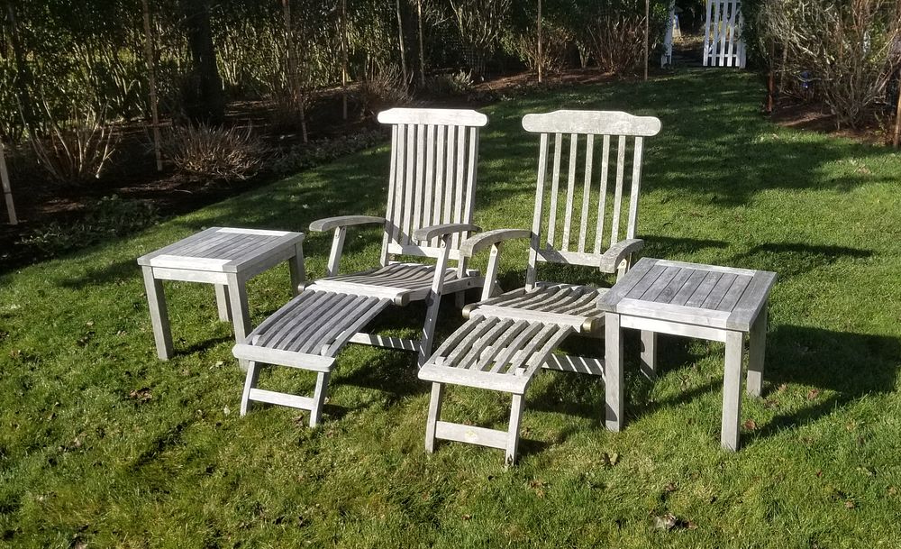 Appraisal: Pair GL-Line Teak Folding Chaise Lounge and Two End Tables