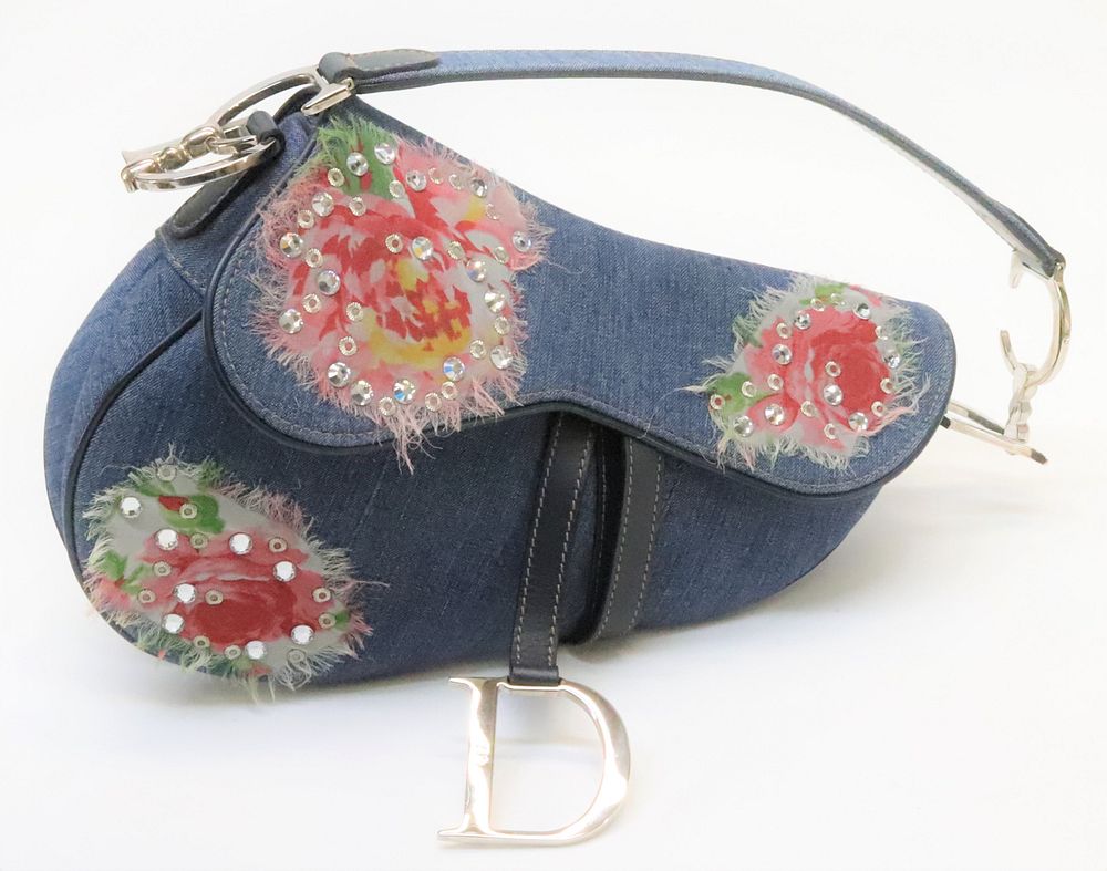 Appraisal: Christian Dior Blue Denim Floral Saddle Bag Christian Dior Blue