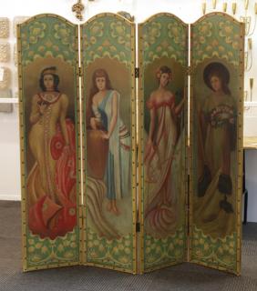 Appraisal: Folding Screen Hand Four-panel screen each tombstone panel depicting a