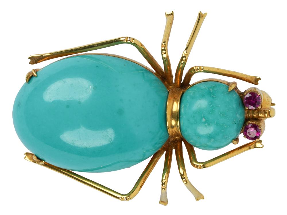 Appraisal: KARAT YELLOW GOLD TURQUOISE BEETLE BROOCHcontaining one oval cabochon cut