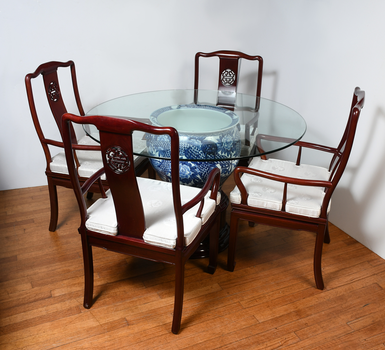 Appraisal: CHINESE JARDINIERE GLASS TOP TABLE CHAIRS Large Chinese blue white