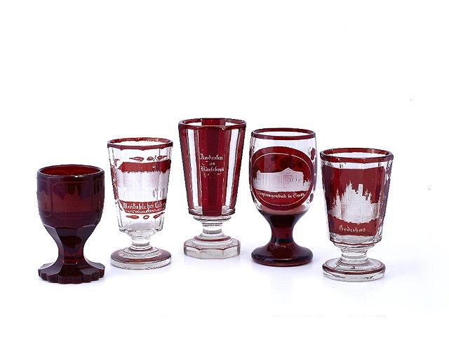 Appraisal: A collection of five Bohemian goblets th centuryruby flashed and