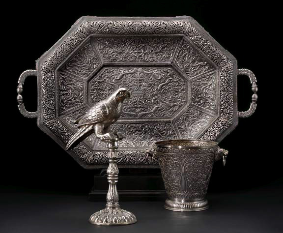 Appraisal: Magnificent Late Raj Silver Tray of elongated octagonal form with