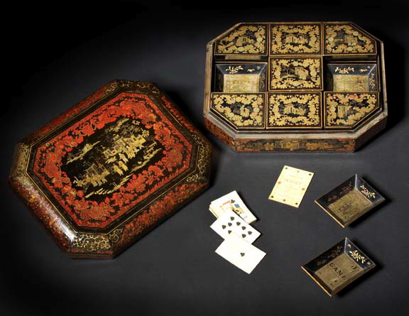 Appraisal: Fine Chinese Export Deux-Couleur-Gilded and Red-Lacquer-Accented Black-Lacquer Octagonal Games Box