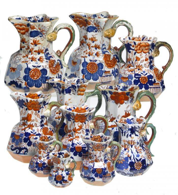 Appraisal: ELEVEN MASON'S PATENT IRONSTONE OCTAGONAL JAPAN PATTERN JUGS all but