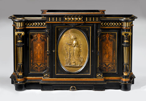 Appraisal: Aesthetic movement parcel gilt bronze mounted and marquetry ebonized side