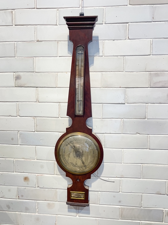 Appraisal: OELSCHLAGER WHEEL BAROMETER Mid th century mahogany veneer pine Engraved