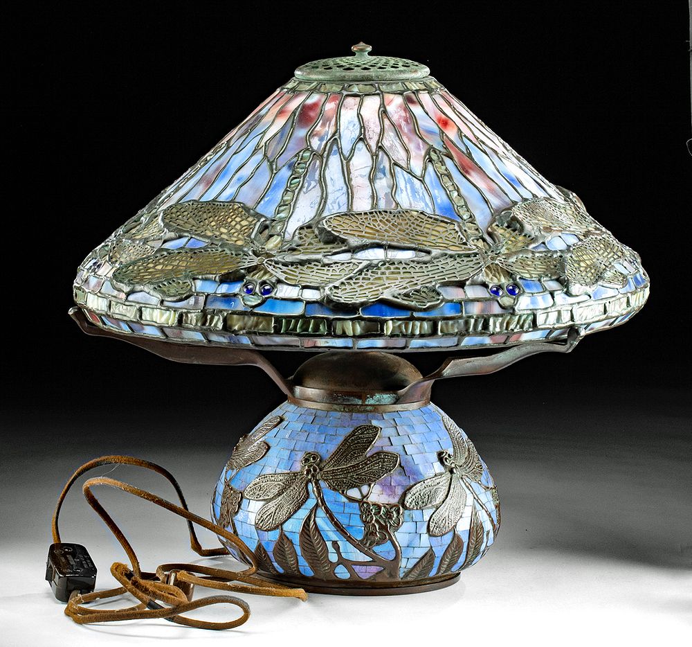 Appraisal: Vintage American Stained Glass Lamp w Dragonflies North America United