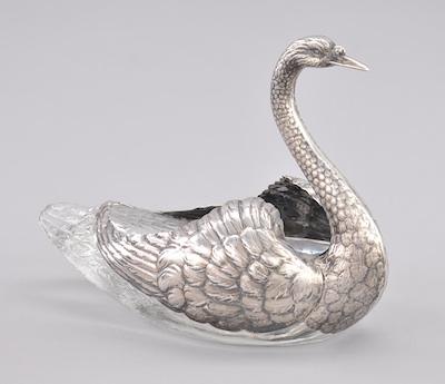 Appraisal: A Cast Glass and Sterling Silver Mounted Swan Dish With