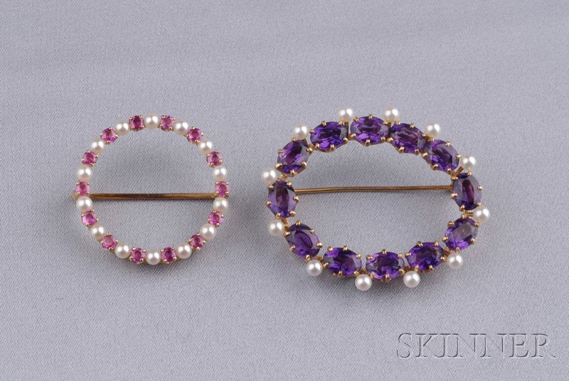 Appraisal: Two kt Gold Gem-set Circle Pins one of oval-cut amethysts