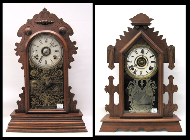 Appraisal: TWO AMERICAN VICTORIAN WALNUT-CASED KITCHEN CLOCKS by E N Welch