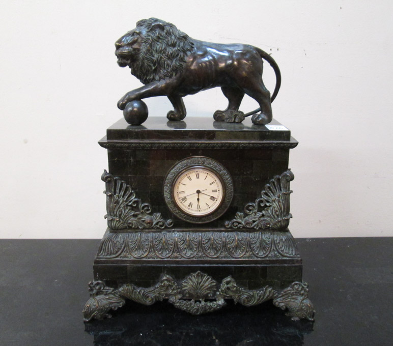 Appraisal: EMPIRE STYLE BRONZED METAL AND GREEN MARBLE MANTEL CLOCK antique