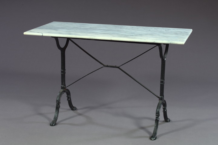 Appraisal: Interesting Cast-Iron and Marble-Top Work Table the base of trestle