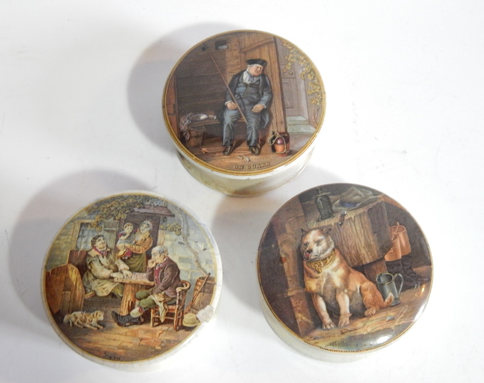 Appraisal: A thC Prattware pot lid 'On Guard' polychrome transfer printed