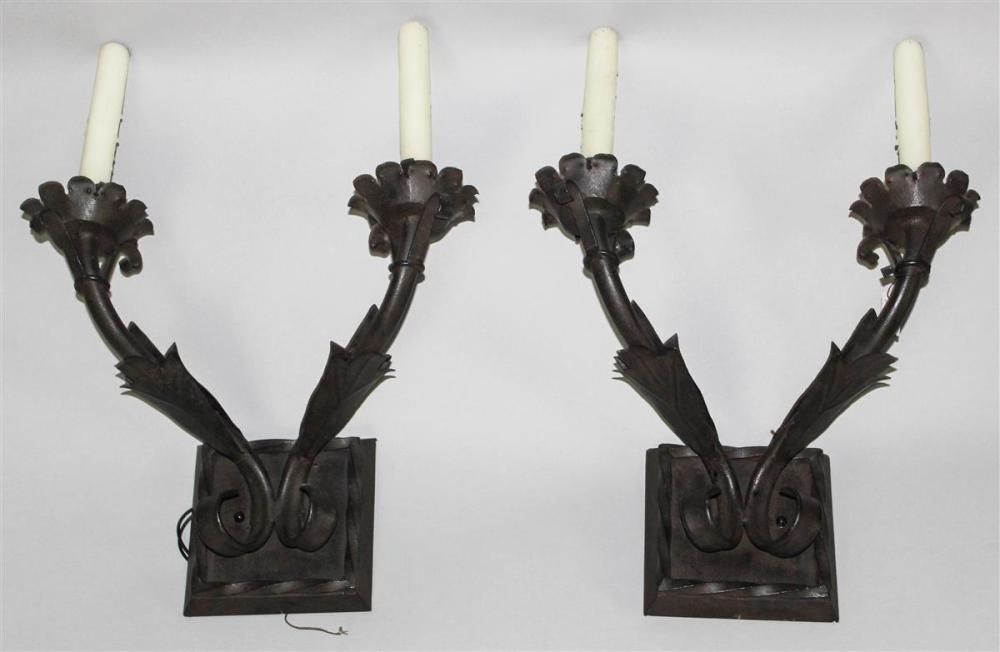 Appraisal: PAIR OF BLACK PAINTED CAST METAL TWO-LIGHT WALL SCONCES x