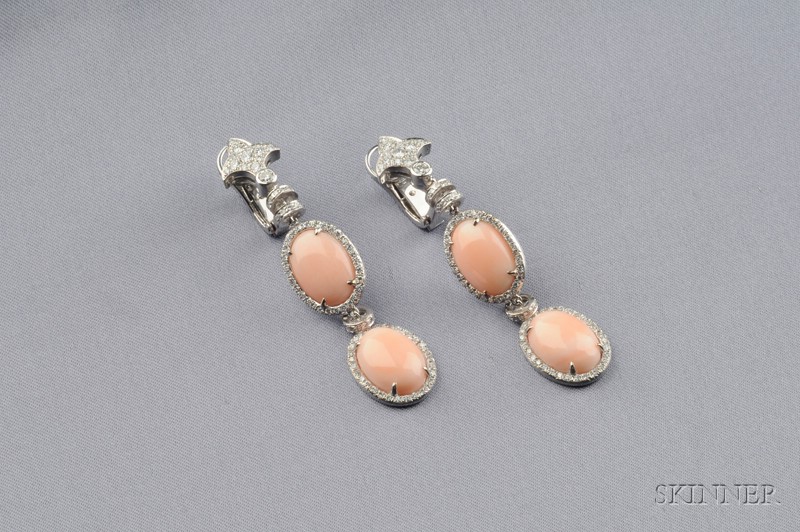 Appraisal: kt White Gold Coral and Diamond Earpendants Laura Munder each