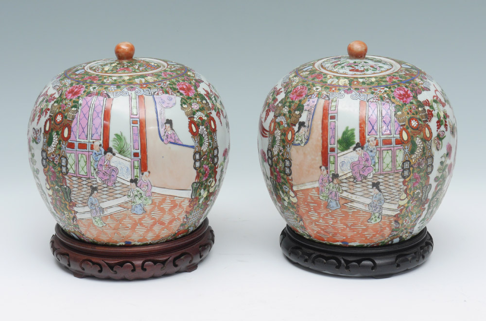 Appraisal: PAIR CHINESE ROSE MEDALLION COVERED JARS Ovoid form mirror image