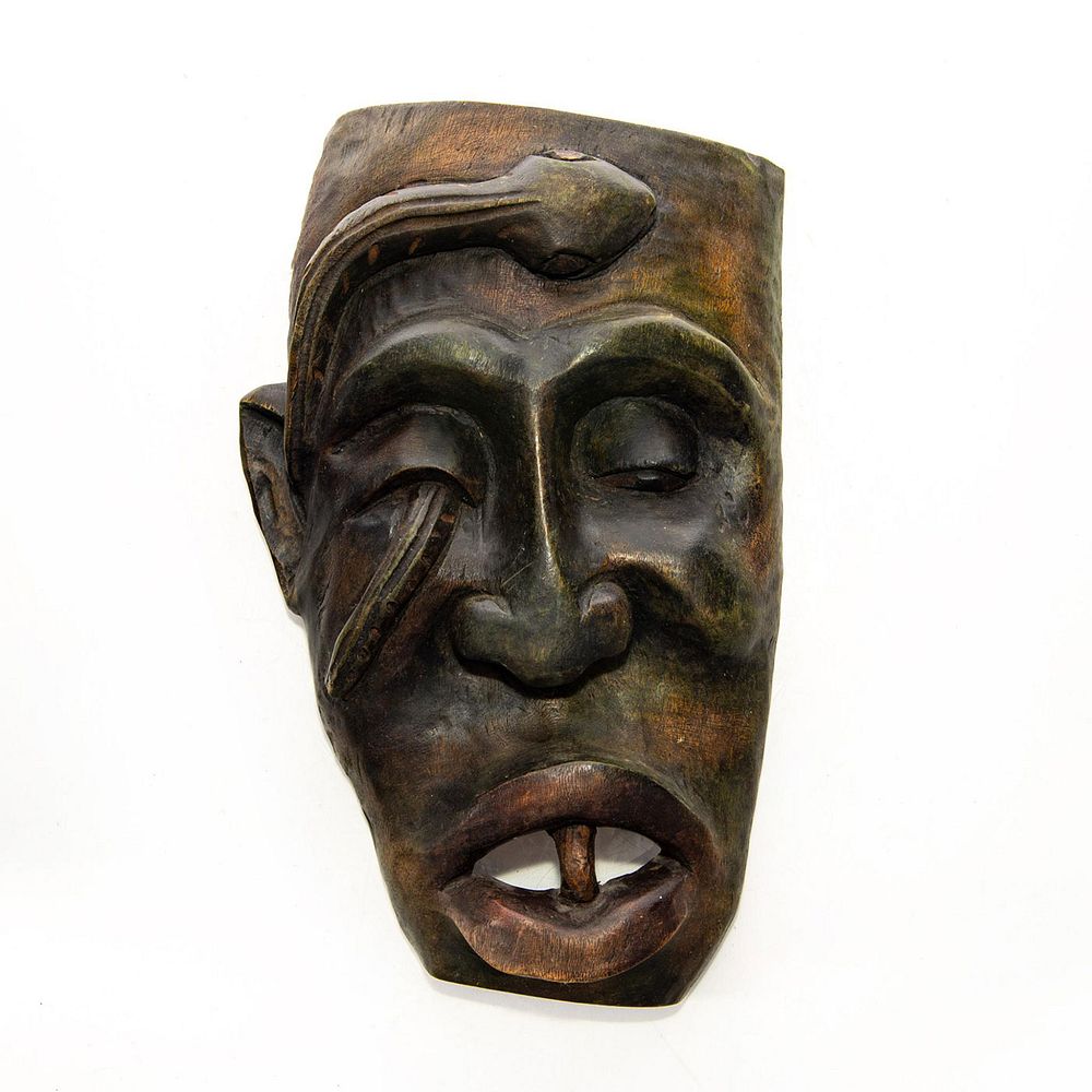 Appraisal: AFRICAN TRIBAL WOODEN WALL MASK WITH SNAKE Hand carved mask