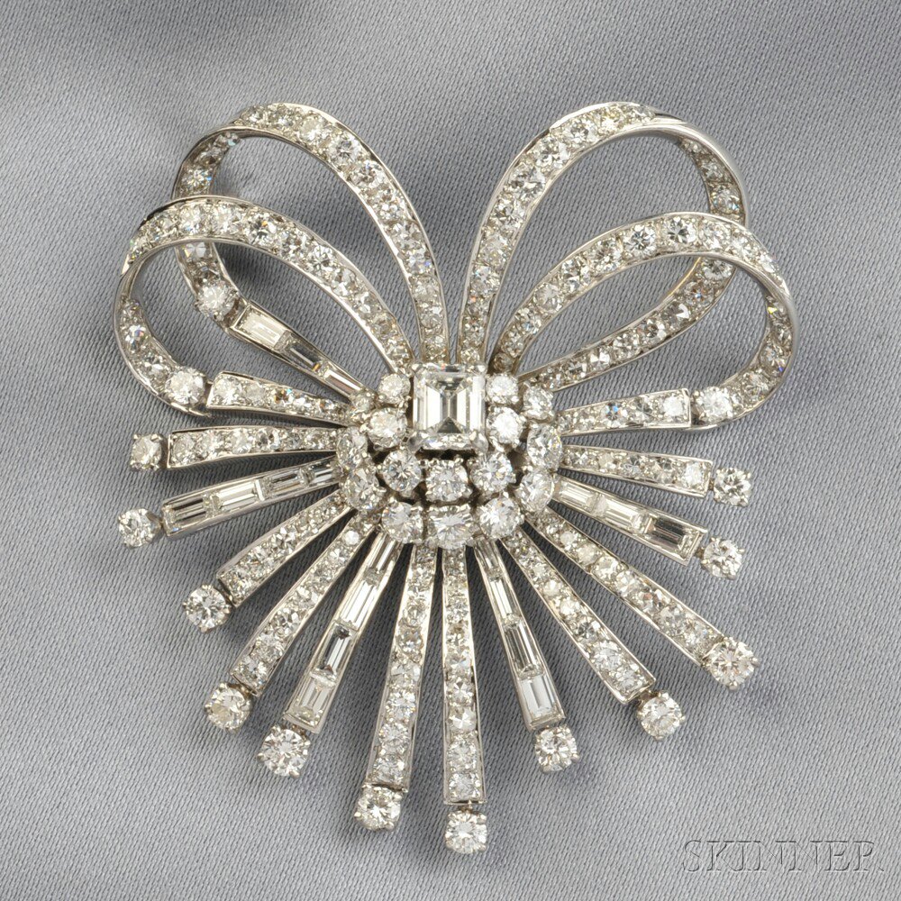 Appraisal: Platinum and Diamond Brooch designed as a ribbon set with