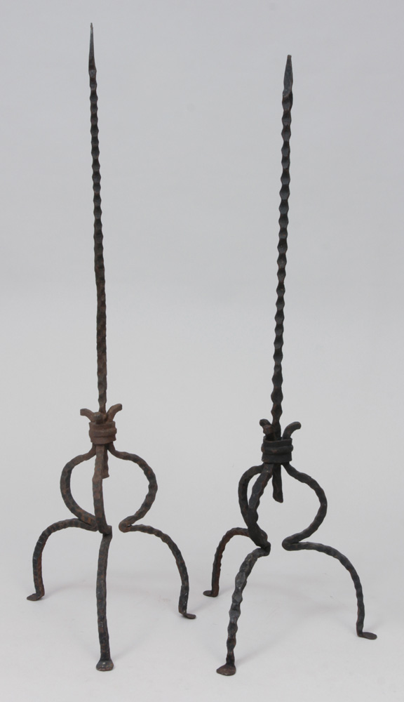 Appraisal: Pair of Renaissance Style Wrought-Iron Tripod Pricket Sticks With notched