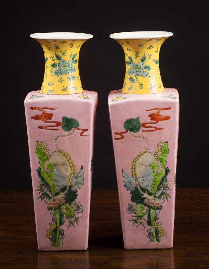 Appraisal: PAIR OF CHINESE PORCELAIN FAMILLE ROSE VASES having squared bodies