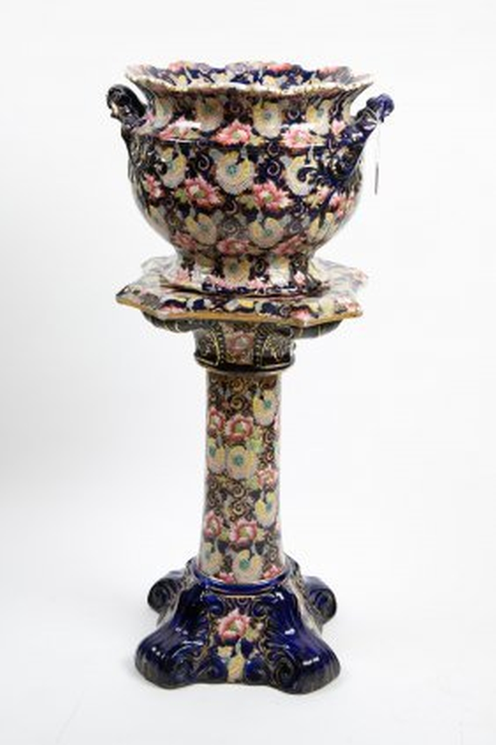 Appraisal: RARE ENGLISH IMARI DECORATED EARTHENWARE JARDINIERE ON PEDESTALCirca The underside