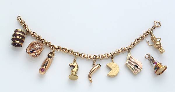 Appraisal: A gem-set k and k gold charm bracelet suspending eight