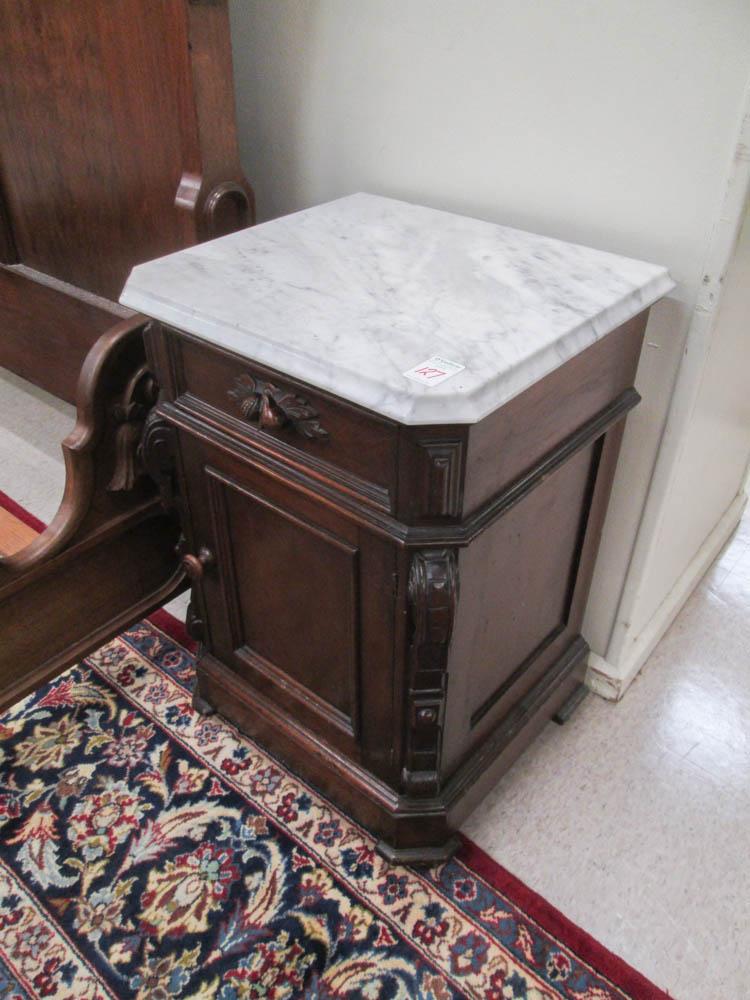 Appraisal: VICTORIAN MARBLE-TOP WALNUT NIGHTSTAND American mid- th century a cabinet