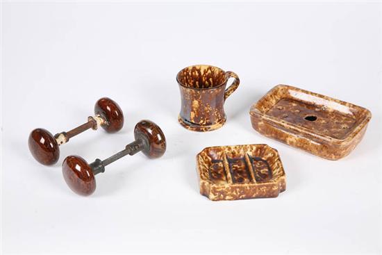 Appraisal: THREE PIECES OF ROCKINGHAM AND A PAIR OF DOOR KNOBS