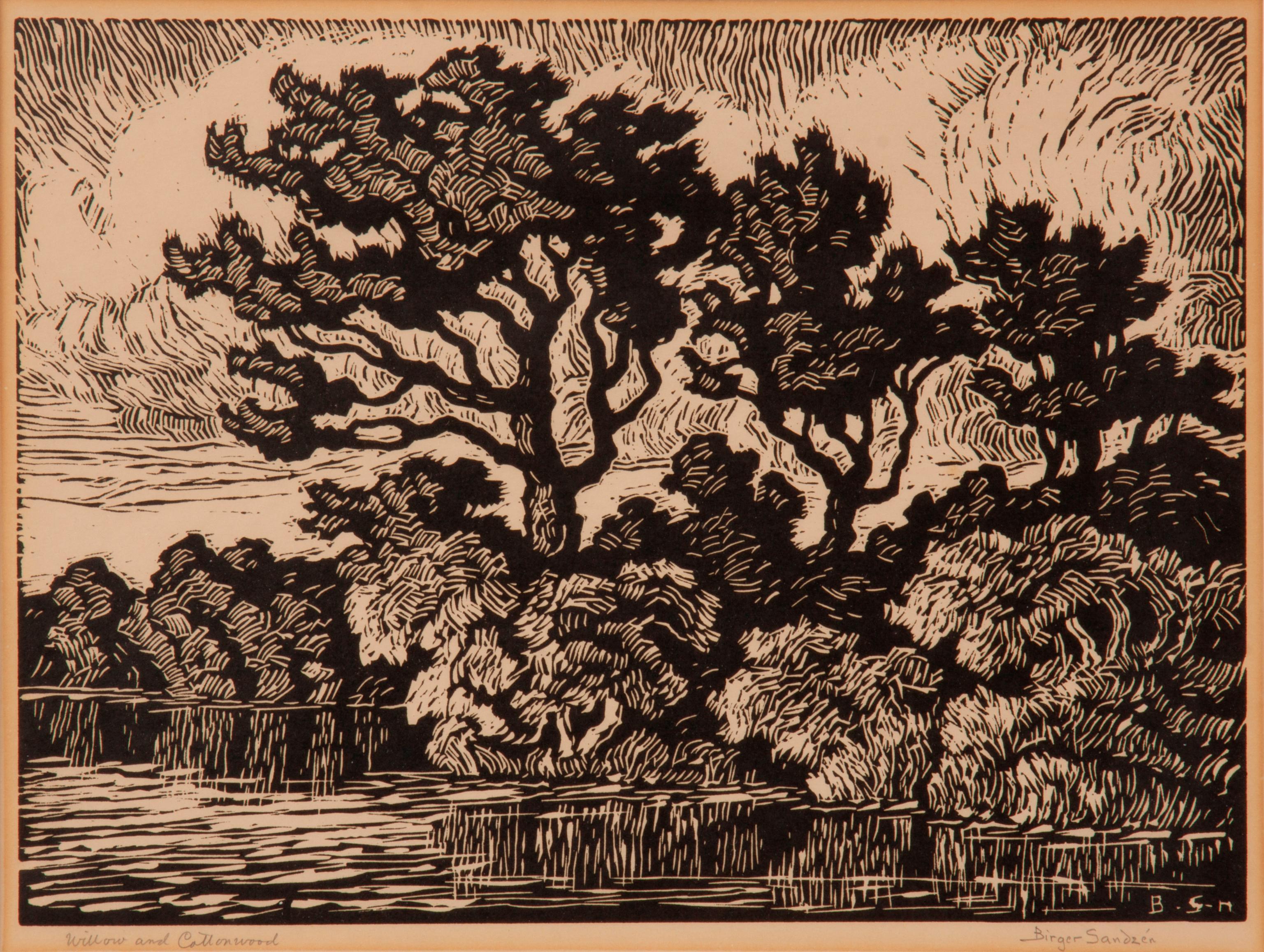 Appraisal: BIRGER SANDZEN 'WILLOW AND COTTONWOOD' SIGNED LINOCUT Birger Sandzen Swedish-American