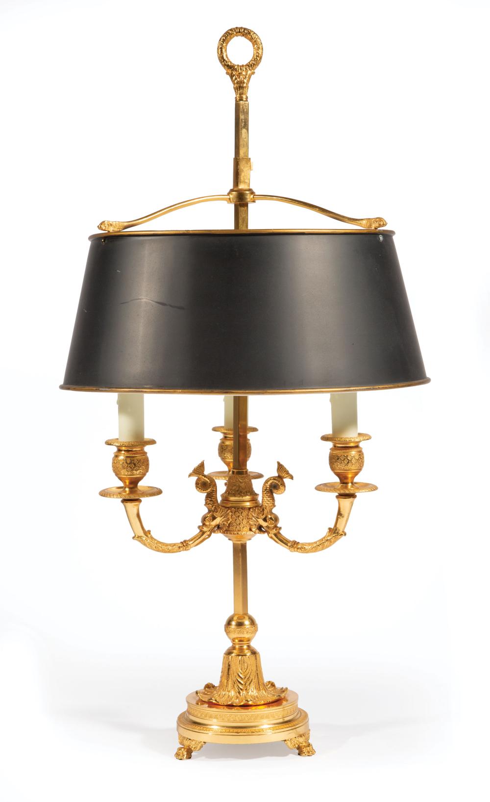 Appraisal: French Gilt Bronze Three-Light Bouillotte Lamp wreath finial tole shade