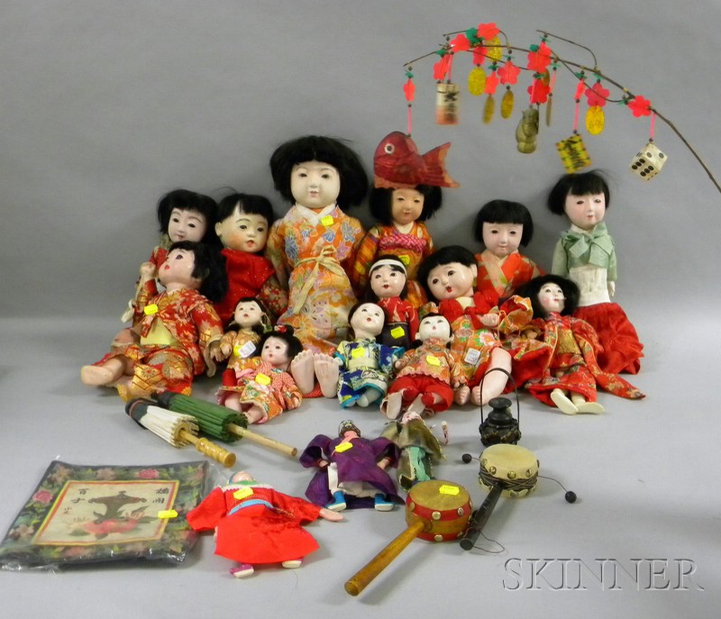 Appraisal: Fourteen Japanese Gofun Dolls Accessories and Play Items including Khimatsu