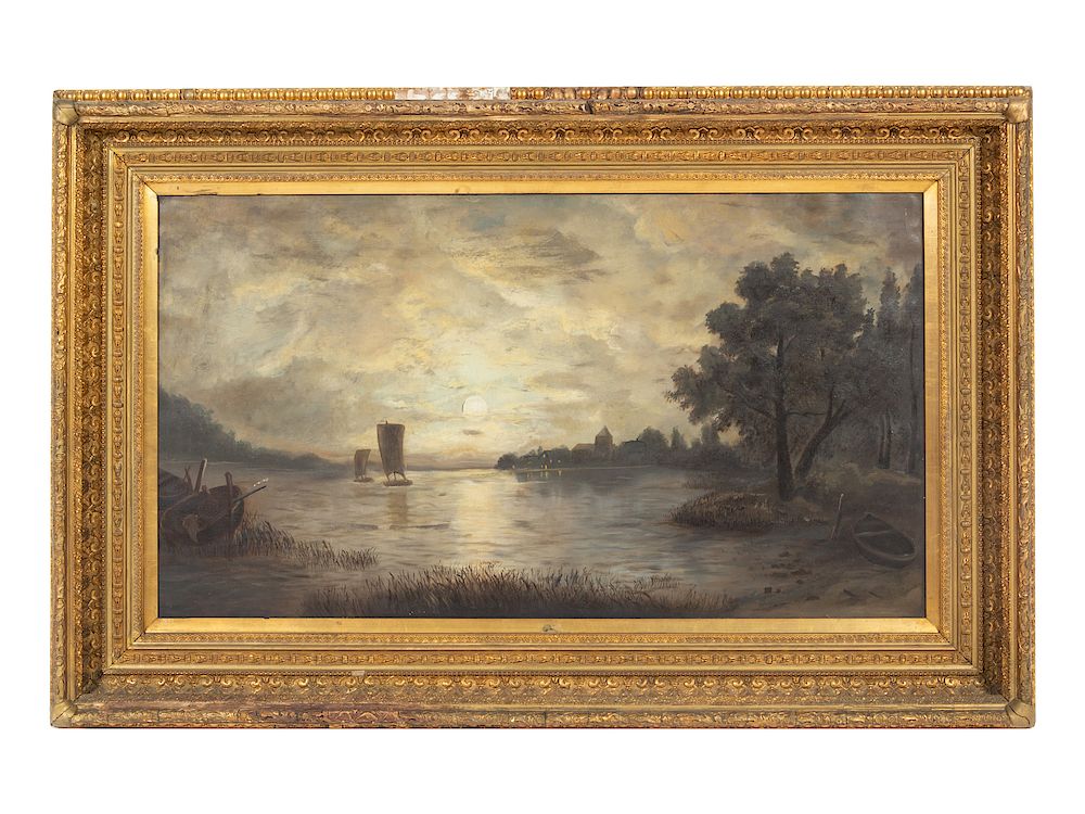 Appraisal: American School th Century Moonlit Landscape with Boats American School