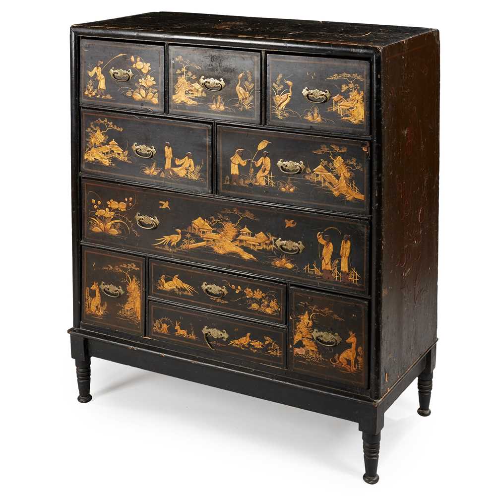 Appraisal: A GEORGIAN BLACK JAPANNED CHEST OF DRAWERS TH CENTURY With