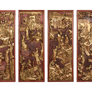 Appraisal: Two Pairs of Chinese Gilt and Red Lacquered Wood Panels