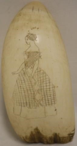 Appraisal: LARGE TH C SCRIMSHAW WHALE TOOTH DEPICTINGA WOMAN IN A