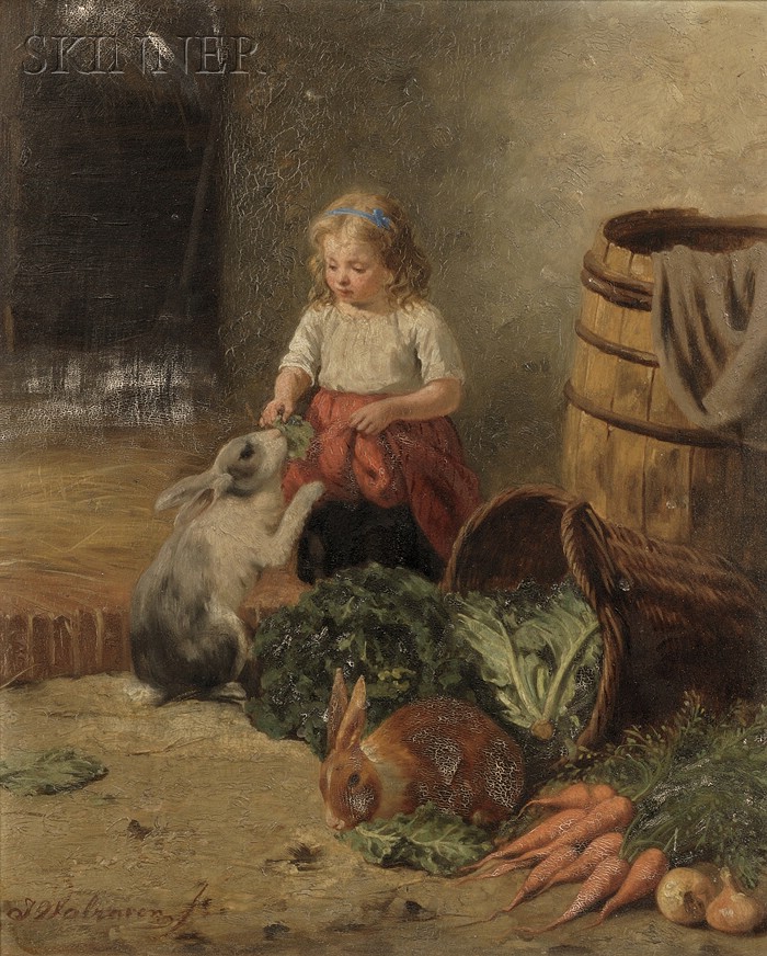 Appraisal: Jan Walraven Dutch - Girl with Rabbits Signed J Walraven