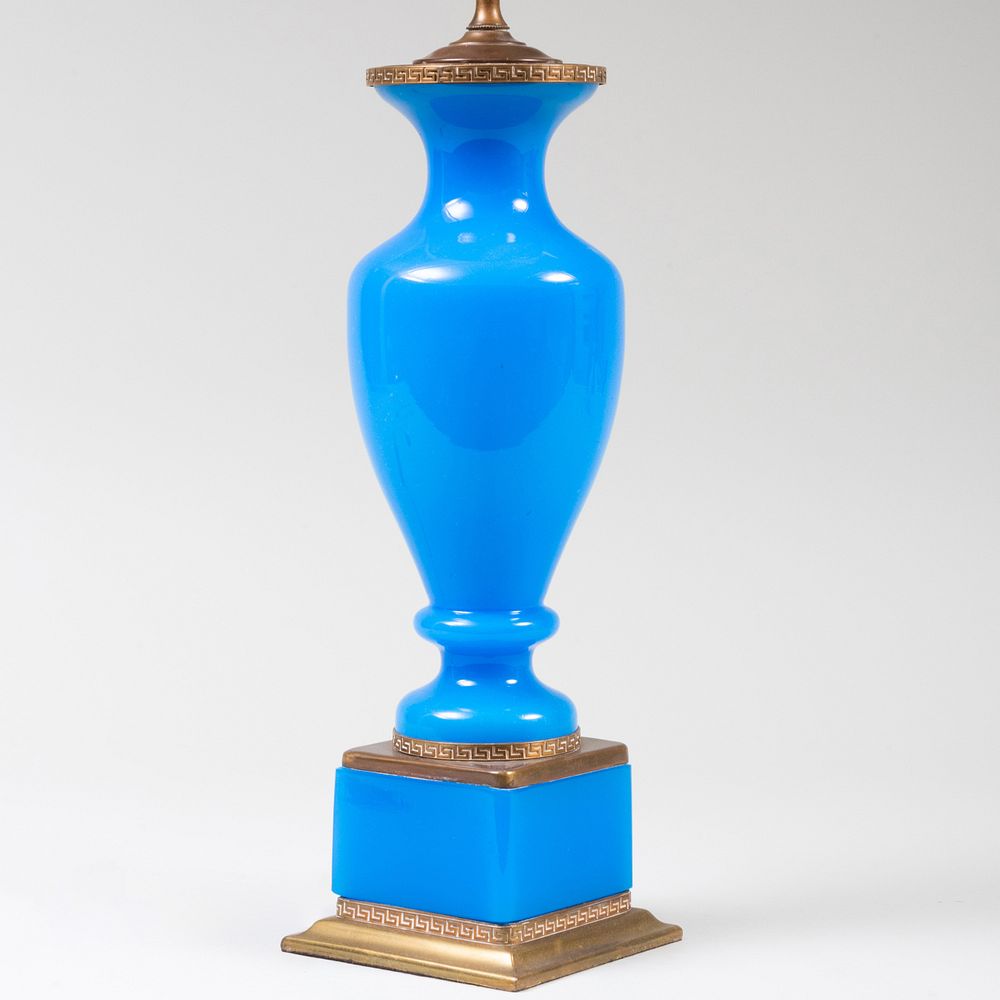 Appraisal: Brass Mounted Blue Opaline Glass Lamp x x in Du