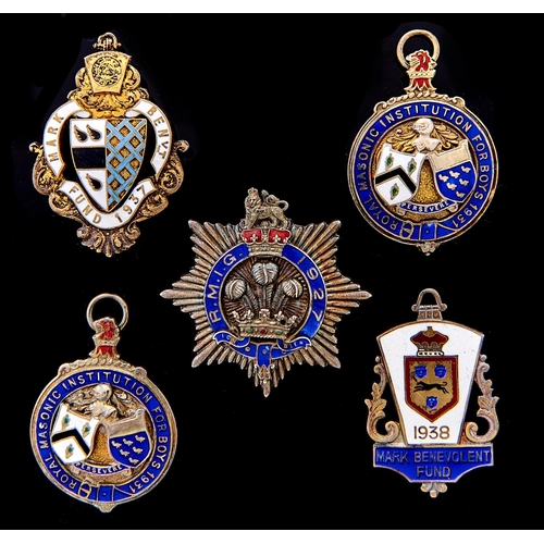 Appraisal: Freemasonry Five silver and enamel masonic charity jewels Birmingham and