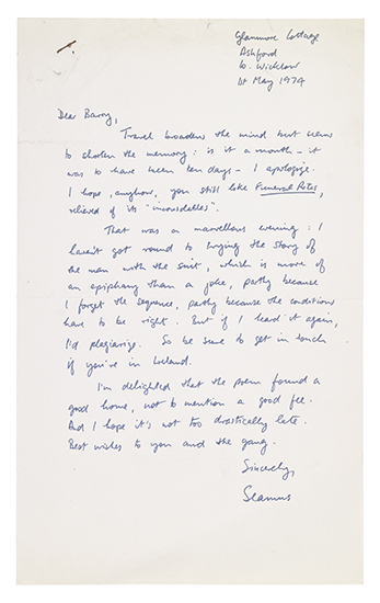 Appraisal: HEANEY SEAMUS Two items Autograph Letter Signed Seamus Autograph Poem