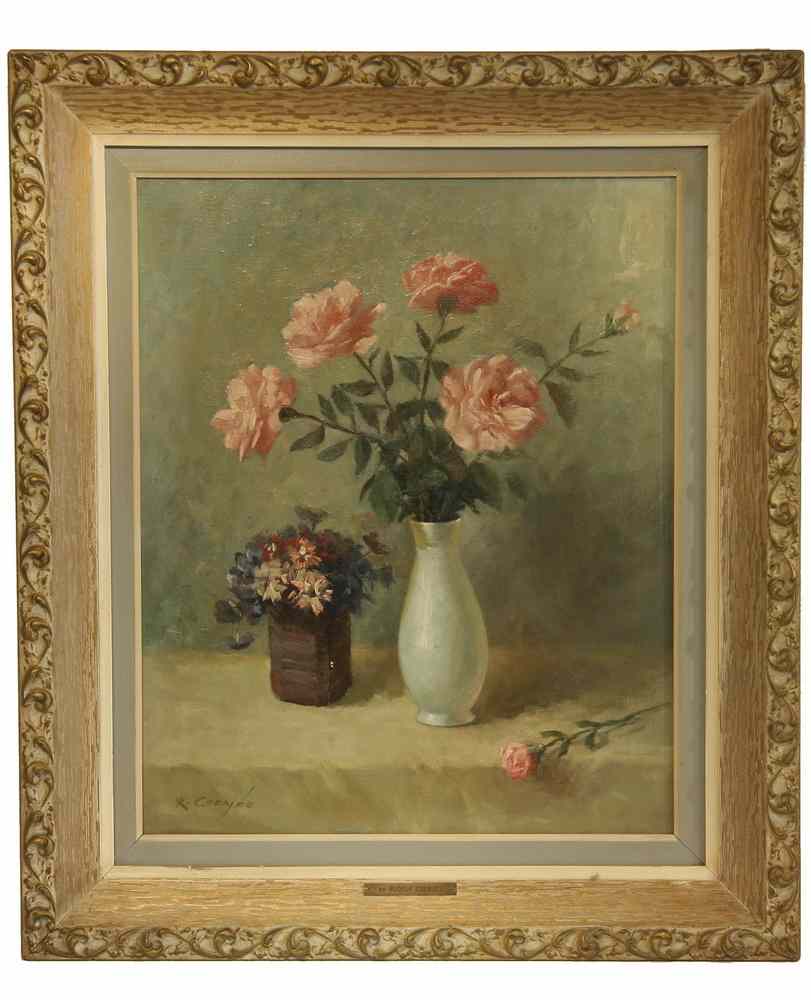 Appraisal: OOC - Depicting a white vase with pink roses and