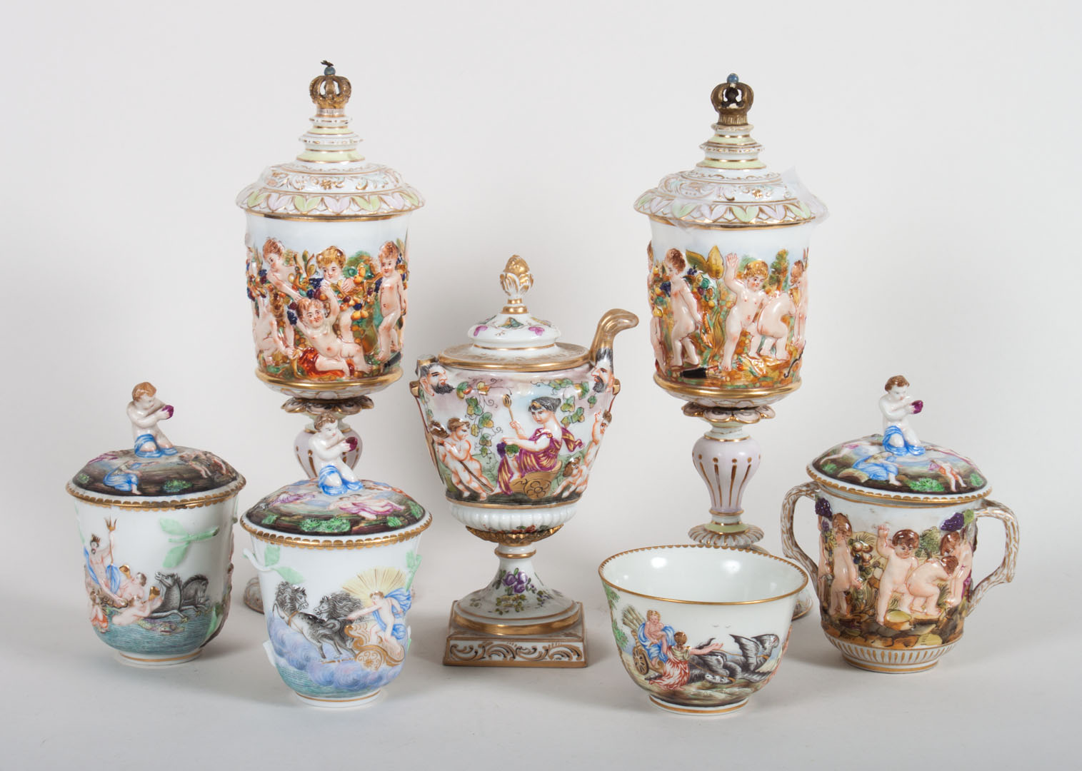 Appraisal: Seven Capodimonte porcelain items including pair of covered cups three