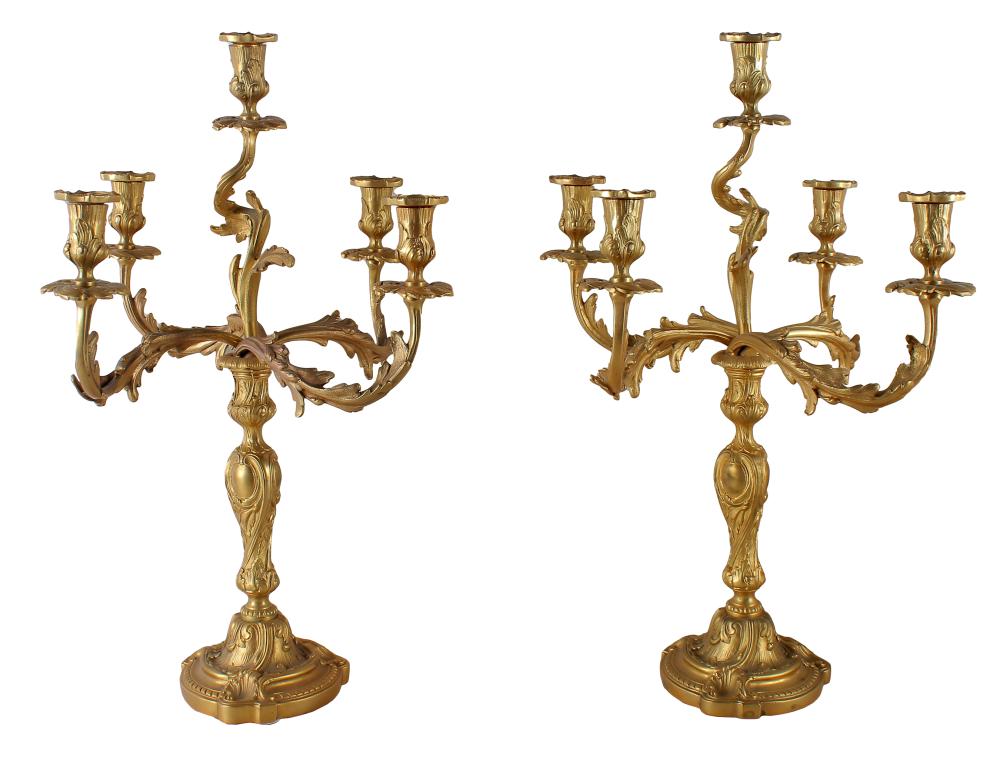 Appraisal: PAIR OF ROCOCO-STYLE GILT BRONZE CANDELABRAeach in two parts with