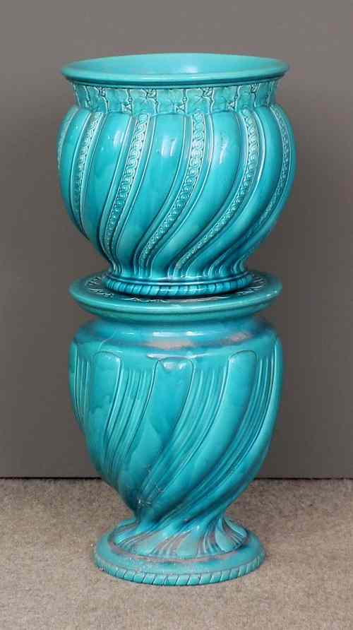 Appraisal: A Mintons turquoise glazed pottery jardiniere and pedestal of bulbous