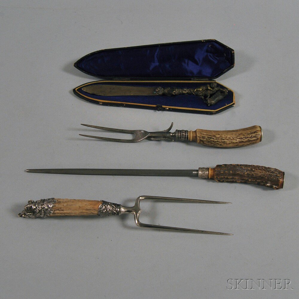 Appraisal: Assembled Three-piece Antler-handled Carving Set including a Gorham roast holder